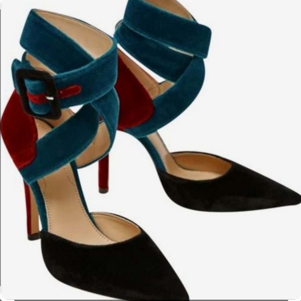 Black, green and red strappy velvet Zara pumps size 38/7.5 US